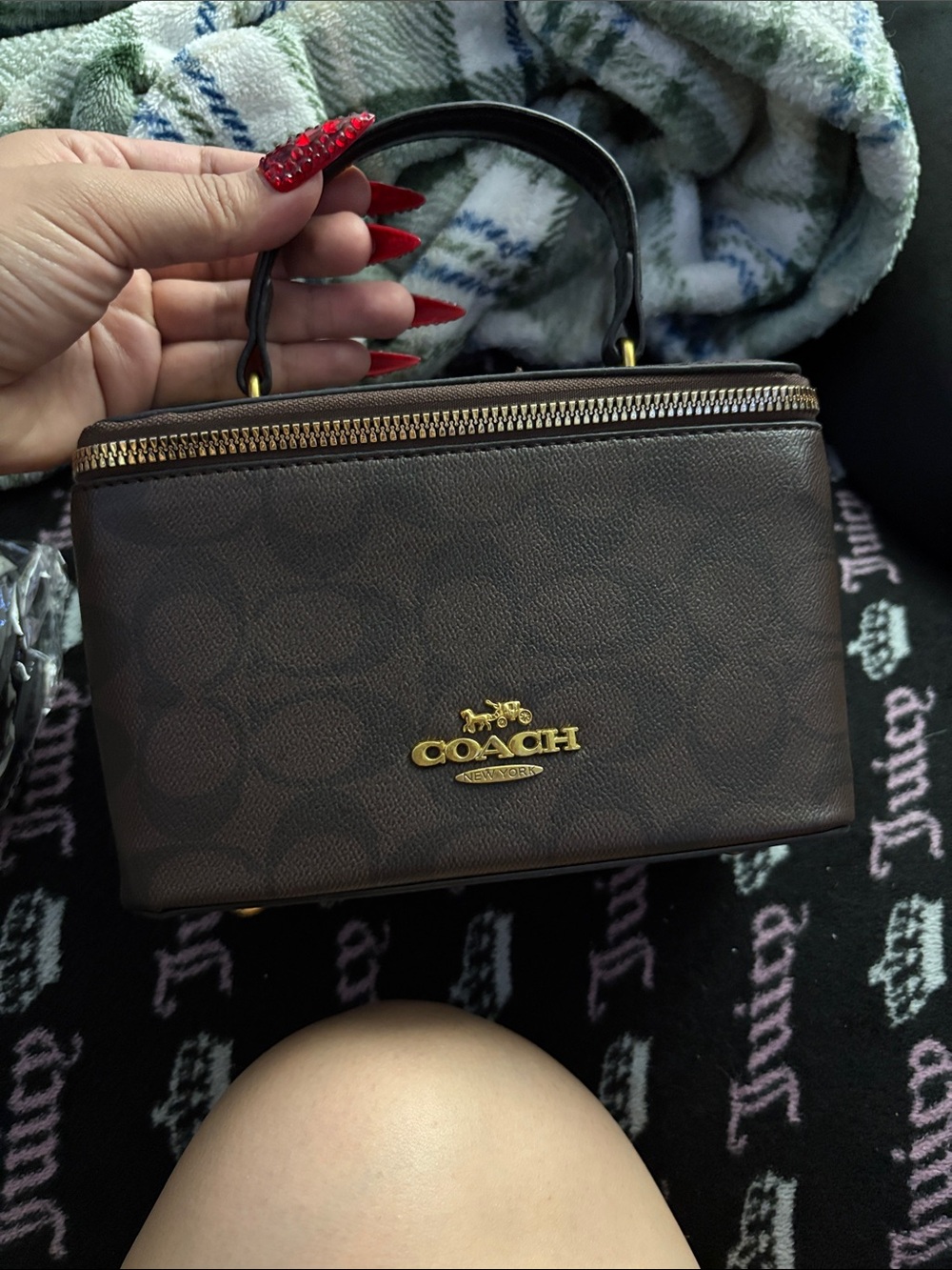 Coach Brown Signature Top-Handle Cosmetic Case with Gold Logo